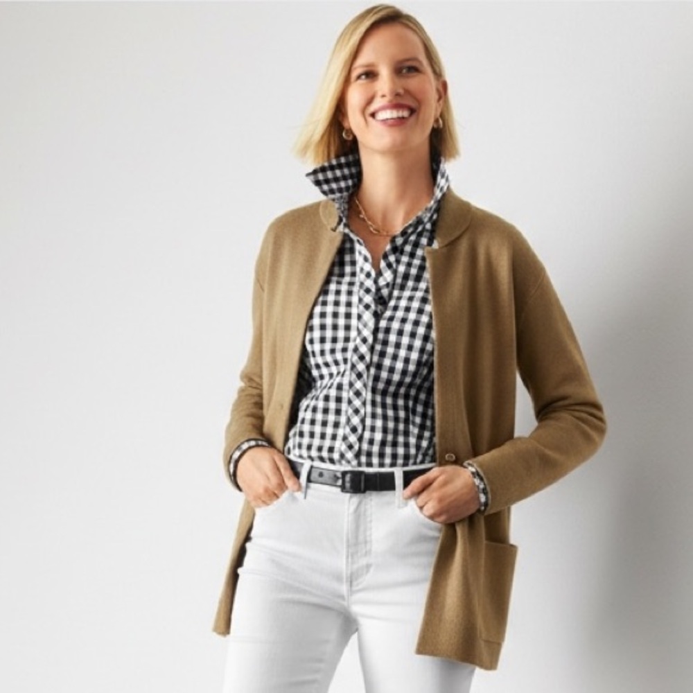 Talbots Camel Tan Notched Collar Cardigan Sweater Jacket Sz 2X P Minimalist  NEW